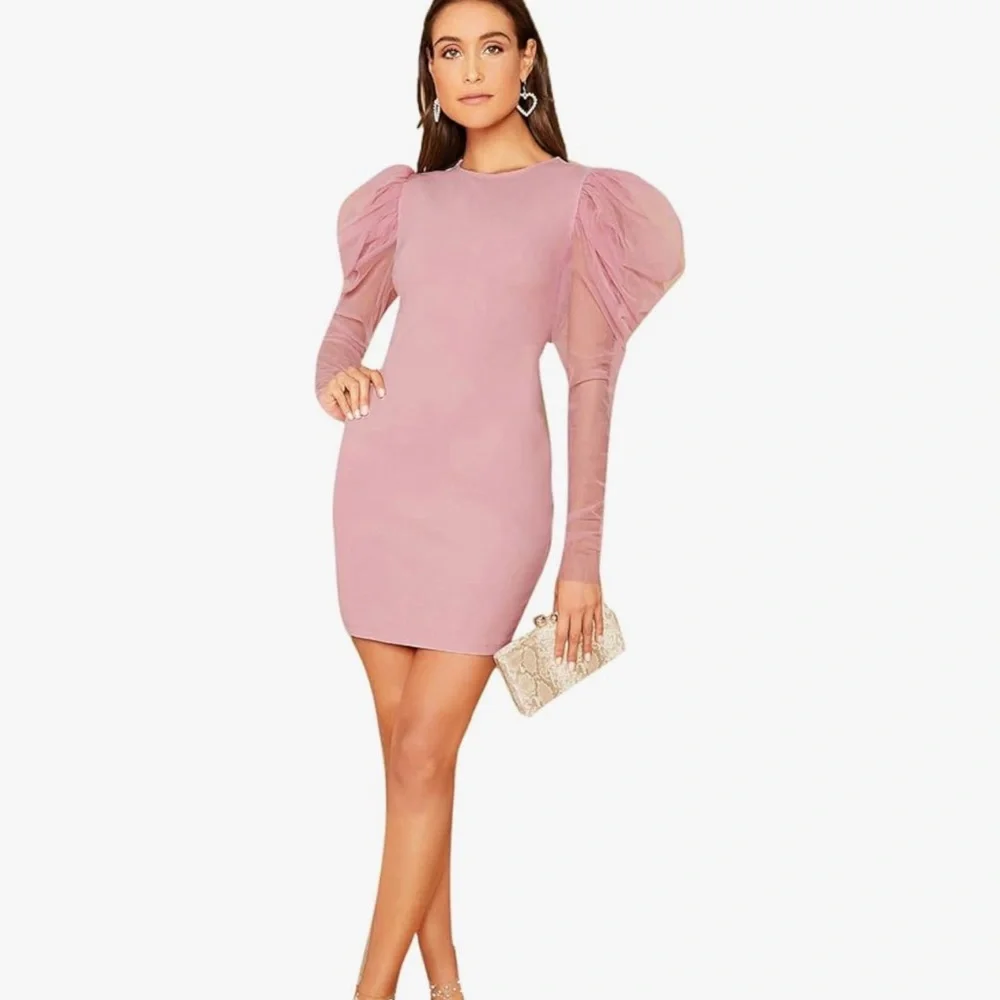 Women's Elegant Contrast Mesh Gigot Sleeve Bodycon Party Dress Pink Medium - Picture 2 of 10